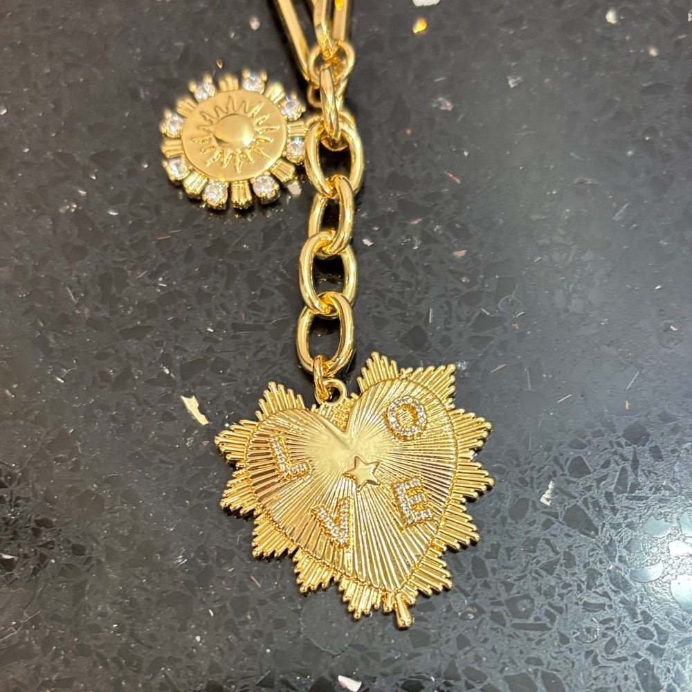 Gold Tone Sunflower and Heart Drop Pendant Necklace - Women Jewelry - Picture 2 of 7